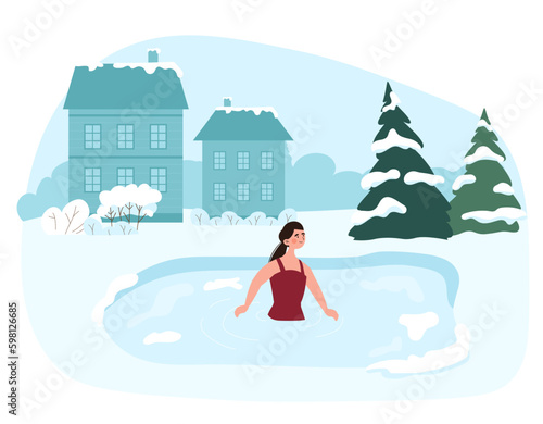 Swimming in ice. Healthy lifestyle challenge, sports activity. Woman in red bathing suit dives into hole. Winter season and cold weather. Church holy Epiphany day. Cartoon flat vector illustration
