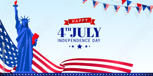 4th of July independence day greeting banner, background, template with usa waving flag, bunting decoration. Vector illustration. 