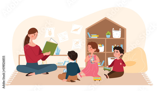 Teacher reading to kids. Woman sits with book and tells story to boys and girls. Kindergarten teacher or nanny, babysitter. Storyteller and teacher with children. Cartoon flat vector illustration