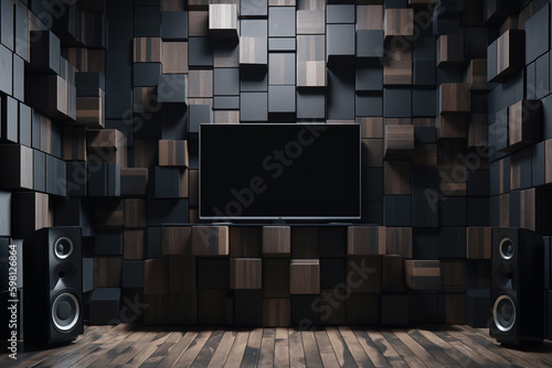 Modern living room interior of real home , huge size of TV display placed on the wallpaper , Generate Ai
