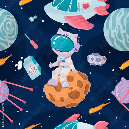 Cosmonaut in outer space. UFOs, spaceships, rockets. Solar system, intergalactic travel. Galaxies, planets, asteroids, comets, shooting stars. Vector illustration in cartoon style on  background.