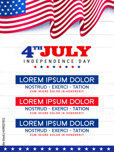 United States of America 4th of July A4 invitation banner, template, with menu items, usa waving flag on wooden texture background. Vector illustration. 