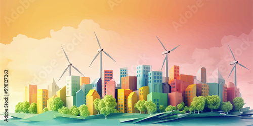 Green eco city background. Ecology and Environment conservation resource sustainable concept. Vector illustration.