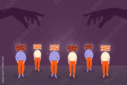 Tv marionettes. Media manipulation gullible people, broadcasting propaganda internet censorship digital disinformation concept, hand control enslavement puppet, vector illustration