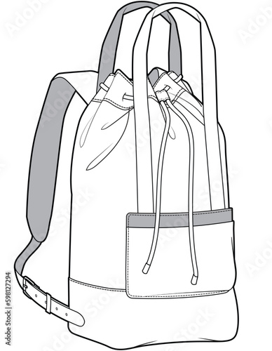 multi handled bucket bag flat sketch vector illustration bucket backpack technical cad drawing template