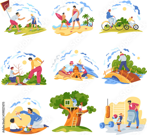 Father time with son. Parent dad enjoy recreation with kid boy  playing plane toy or sport basketball game  build tree house daddy happy fatherhood  set recent vector illustration