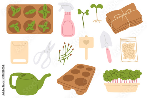 Vector illustration set of cute doodle plant transplant tools for digital stamp,greeting card,sticker,icon,design