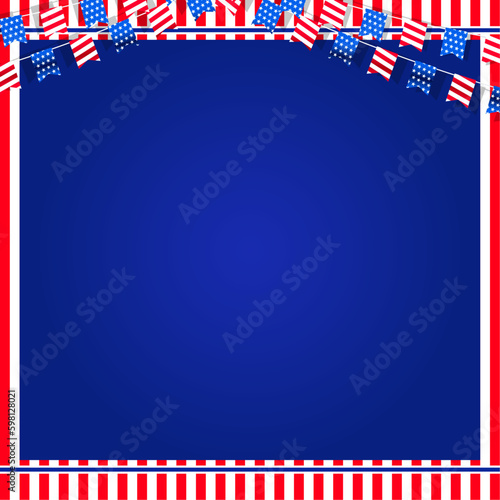 United States of America blank, empty, copy space, frame, border, banner template, background design with stripe, and bunting decoration. Vector illustration. 