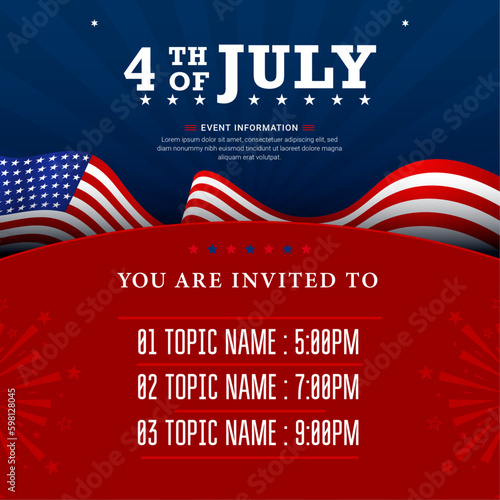 United States of America 4th of July A4 invitation banner with usa waving flag, and event topics. Vector illustration.