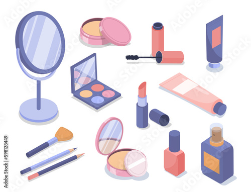Cosmetic products set. Lipstick, powder, mascara, mirror and nail polish, pencils. Collection for beauty treatments and make up. Cartoon isometric vector illustrations isolated on white background