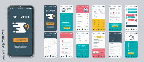 Delivery mobile app screens set for web templates. Pack of login, ordering package, customer support, online tracking parcel, other mockups. UI, UX, GUI user interface kit for layouts. Vector design