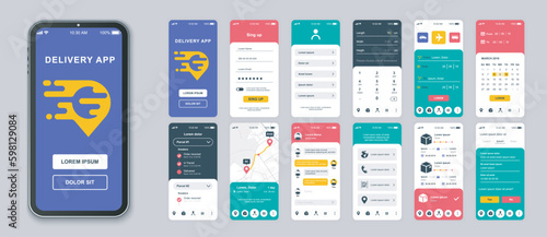 Delivery mobile app screens set for web templates. Pack of login, ordering package, choose transportation, tracking parcel and other mockups. UI, UX, GUI user interface kit for layouts. Vector design