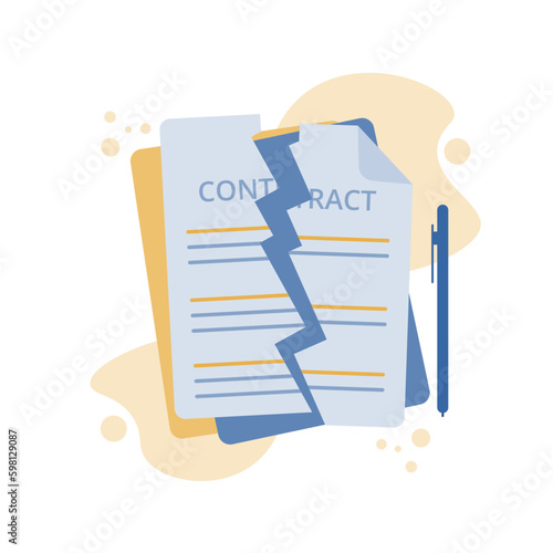 Agreement Termination, Contract Cancellation Concept. Partnership breaking signed business deal. Vector illustration in flat style.