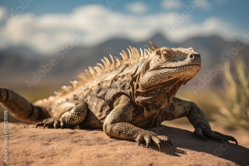 Spiny iguana lounging on a sun-drenched rock in a desert landscape with cacti and sand dunes in the background. Generative AI © Kanisorn