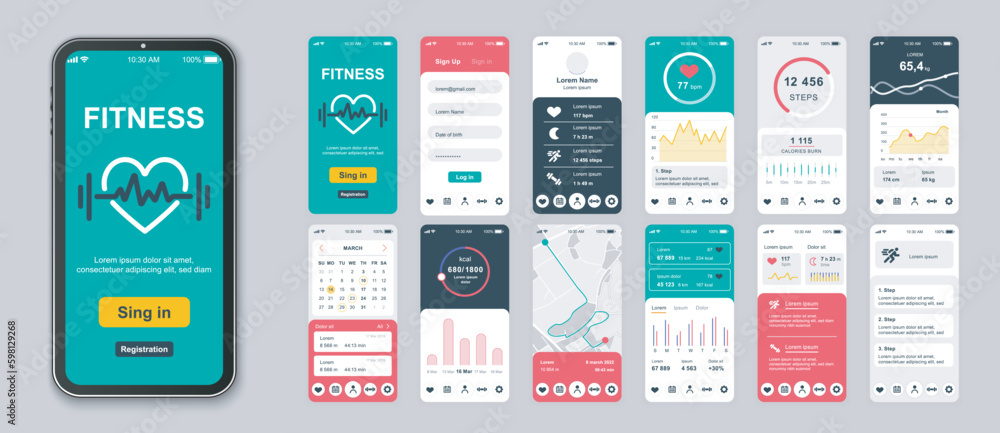 Fitness mobile app screens set for web templates. Pack of login, exercise trainings, data, running tracking, calories control, other mockups. UI, UX, GUI user interface kit for layouts. Vector design - obrazy, fototapety, plakaty 