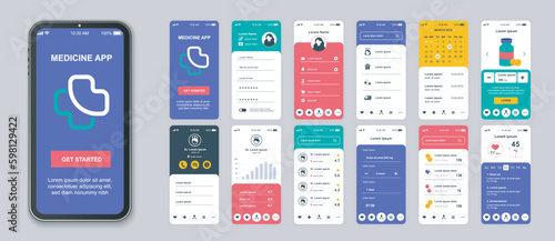 Pharmacy mobile app screens set for web templates. Pack of login, medicine service, online diagnostic, medical prescription and other mockups. UI, UX, GUI user interface kit for layouts. Vector design