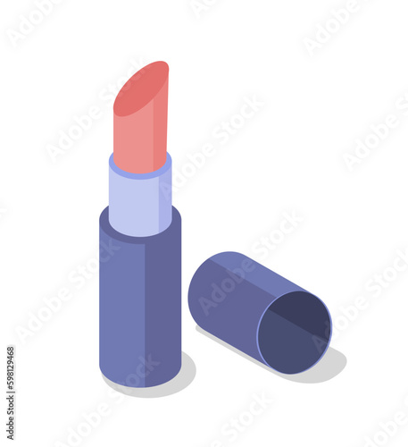 Makeup lipstick concept. Lip gloss in stick, decorative cosmetic product. Fashion, elegance and trend. Sticker for social networks and messengers. Cartoon isometric vector illustration