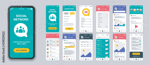 Social network mobile app screens set for web templates. Pack of login, information profile, posts, photos, friends, chats and other mockups. UI, UX, GUI user interface kit for layouts. Vector design
