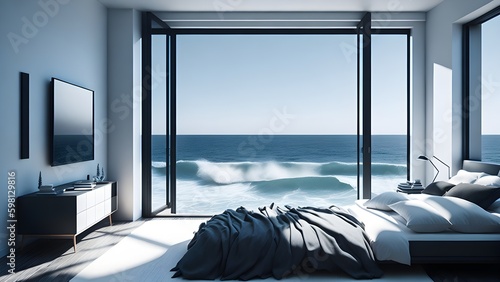 Light bedroom with single window overlooking ocean  minimalistic look .