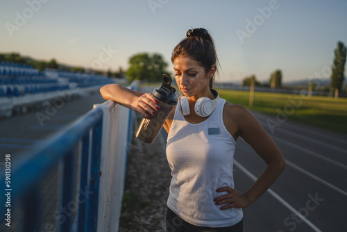 Fototapeta Naklejka Na Ścianę i Meble -  One woman stand at stadium with supplement water bottle take a brake