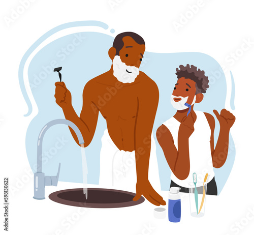 Father And Son Share Shaving Experience. Adult Man And Teenager Characters Stand In Front Of Mirror, Apply Cream Generative AI
