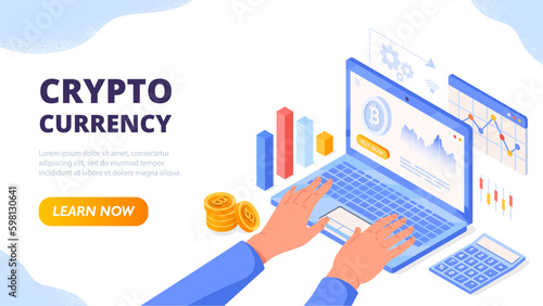 Isometric cryptocurrency concept. Man on laptop looks at graphs and charts, infographics. Blockchain technology and trading, investment. Bitcoin, altcoin and litecoin. Cartoon vector illustration