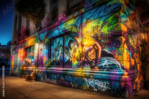 Create a vibrant and lively street scene with colorful graffiti and street art. Generative AI