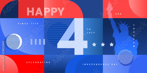 4th of July modern poster, banner, flyer, and background illustration with the statue of liberty and red, and blue colors. Vector illustration. 