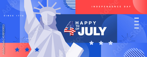4th of july modern greeting banner, poster flyer, background with the statue of liberty, USA flag pattern, and abstract shapes. Vector illustration. 