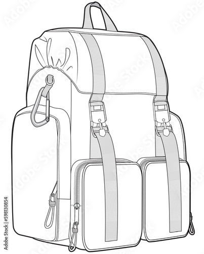 rucksack backpack flat sketch vector illustration traveling bag technical cad drawing template