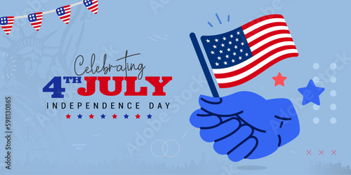 4th of July celebration greeting banner, poster, background design with patriotic hand holding the American flag and bunting decoration. Vector illustration. 