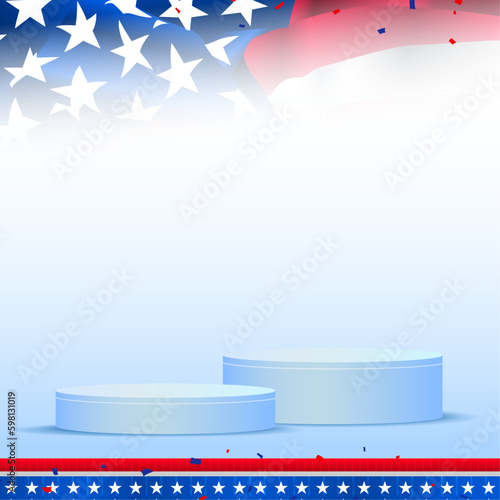 American product display banner, poster, template with cylindrical shape, usa waving flag. Empty, blank, and copy space for products. Vector illustration. 