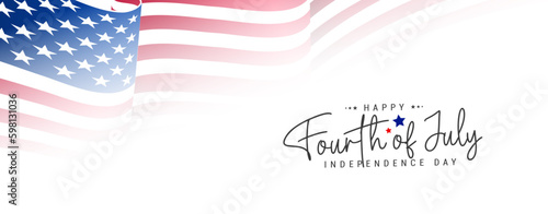 4th of July greeting banner, background, template, poster, flyer with USA waving flag, isolated on white background. Vector illustration. 