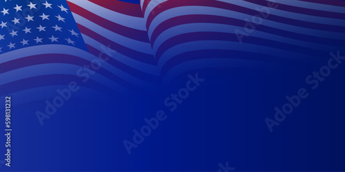 United States of America waving flag with empty, blank, copy space on blue background. Vector illustration.