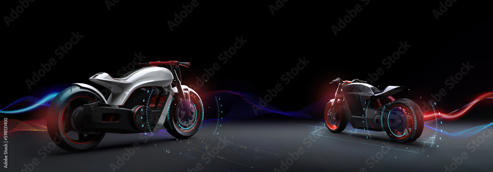 two modern generic concept design speed motorbike isolated on white background as wide banner with copy space area - Generative AI