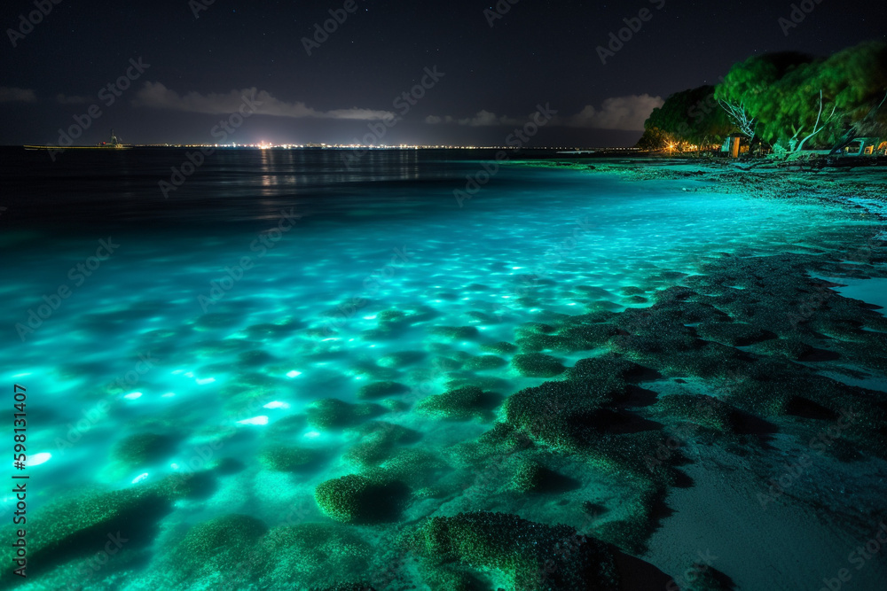 An illustration of the Bioluminescence shore in maldives, water and rocks glow blue at night. Generative ai. High quality photo Generative AI