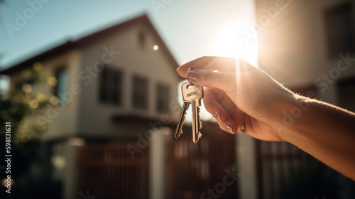 Hand with a key on the background of the house. Construction, project, moving to a new house, mortgage, rent and purchase of real estate. copy space. Generative AI Generative AI photo