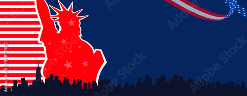 4th of July greeting banner, poster, flyer, background with the statue of liberty, usa pattern, new york skyline, us ribbon on blue background. Empty, blank, copy space, for text or images.