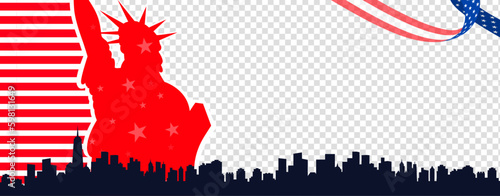 4th of july greeting banner, poster, flyer, background with the statue of liberty, usa pattern, new york skyline, us ribbon on transparent background. Empty, blank, copy space, for text or images.