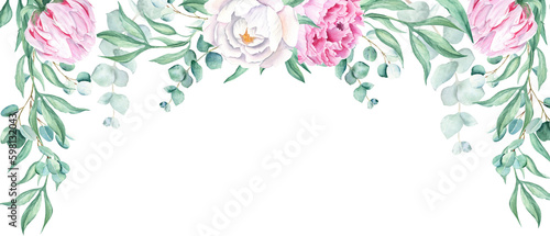 Floral watercolor banner  design frame. Pink and white peonies  eucalyptus branches. Hand drawn botanical illustration isolated on white background. Can be used for cards  wedding invitations  banners