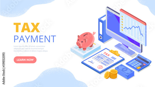 Tax payment concept. Piggy bank and paper near computer. Estimation of income and expenses, budgeting and accounting. Calculation and financial management. Cartoon isometric vector illustration