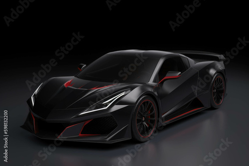 A glossy black electric racing car with red accents sharp angles and a futuristic design. Speed drive concept. AI generation. Generative AI