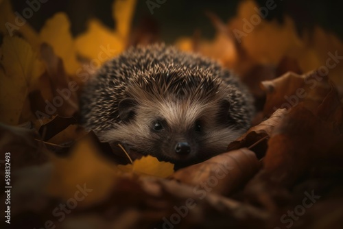Sweet little hedgehog curled up in a bed of autumn leaves, with a misty forest in the background and a soft. Generative AI