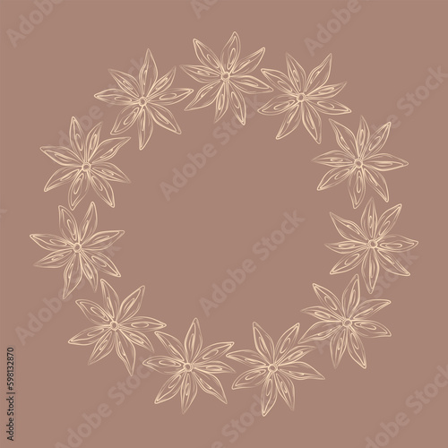 Abstract round frame of hand drawing star anise with copyspace in trendy soft brown. Outline drawing Generative AI