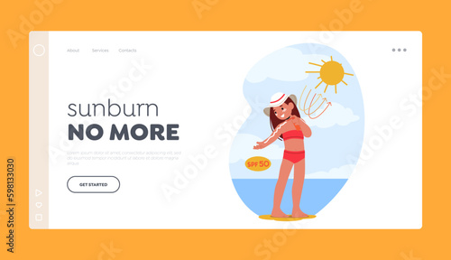 Sunburn No More Landing Page Template. Smiling Child Girl Character Protected From Sunburn By Applying Skin Cream Generative AI