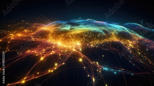 Metaverse world, neon global data virtualization, global satellite communication, data visualization and data virtualization, data monitoring, data display, ai applications, networking, world, 