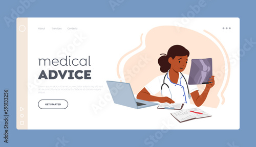Medical Advice Landing Page Template. Young Female Doctor Character Sitting At Desk With Laptop, Working On Patient Xray Generative AI