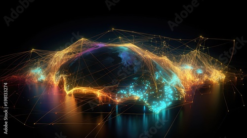 Metaverse world, neon data visualization, virtual screen for data display, virtual world application, global telecommunication, Communication technology for internet business Global world network and