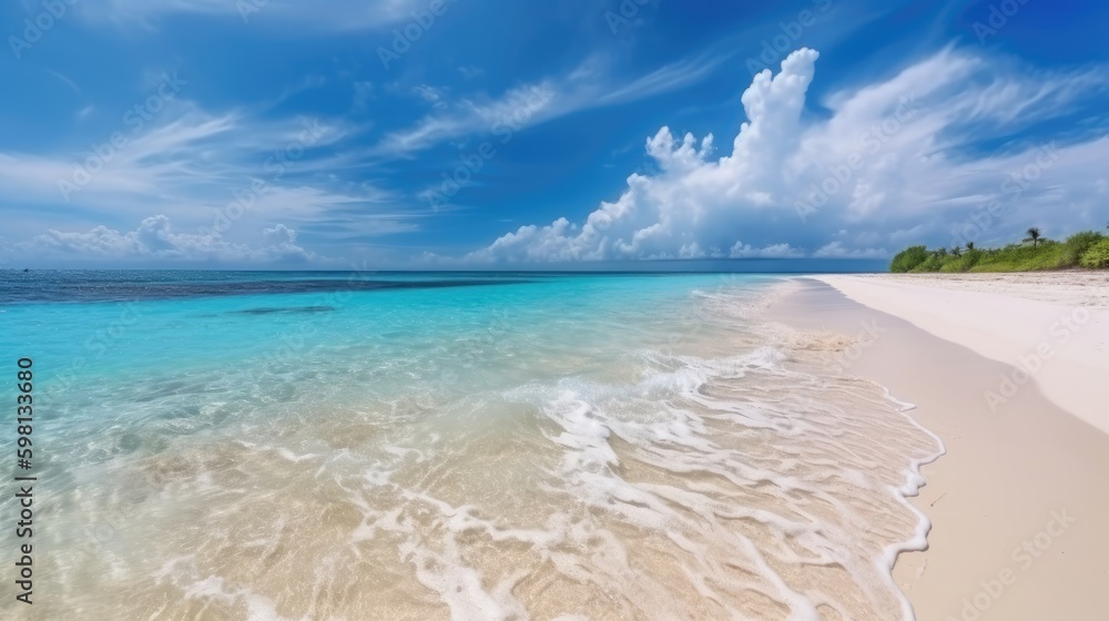 Beautiful sandy beach with white sand and rolling calm wave, AI Beautiful sandy beach with white sand and rolling calm wave, AI