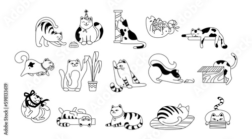 Cats black and white set. Collection of stickers for social networks. Pets with plant  scratching post and ball  playful animals. Cartoon flat vector illustrations isolated on white background
